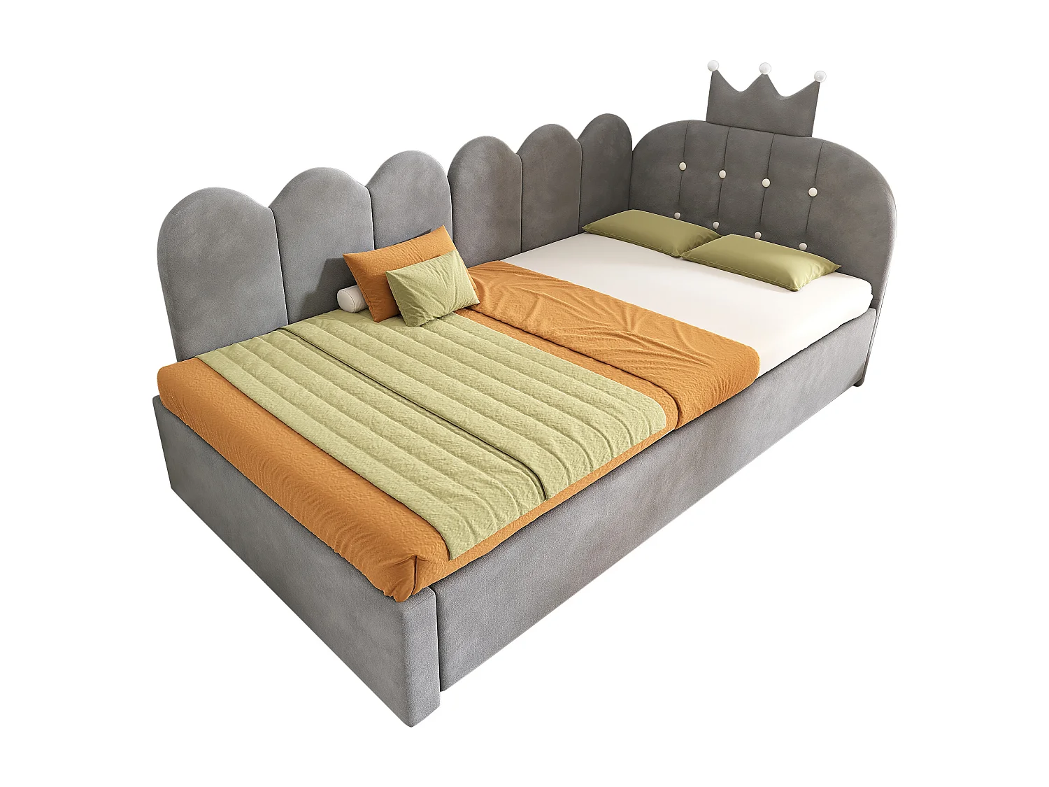 Lit banquette gigogne pour enfant - 90 x 200 cm + 90 x 190 cm - forme en L - tête de lit - velours - gris