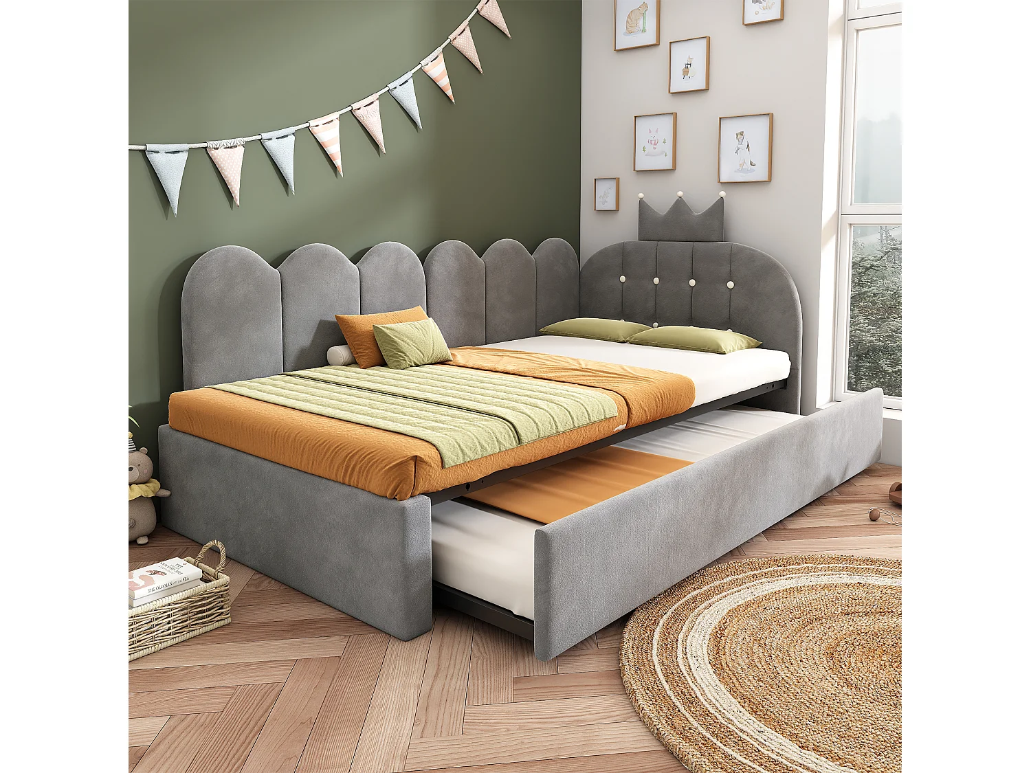 Lit banquette gigogne pour enfant - 90 x 200 cm + 90 x 190 cm - forme en L - tête de lit - velours - gris