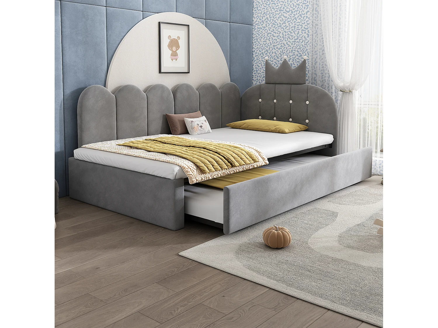 Lit banquette gigogne pour enfant - 90 x 200 cm + 90 x 190 cm - forme en L - tête de lit - velours - gris