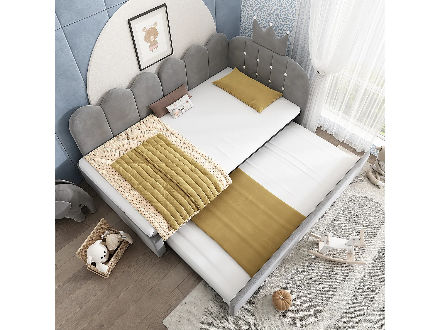 Lit banquette gigogne pour enfant - 90 x 200 cm + 90 x 190 cm - forme en L - tête de lit - velours - gris