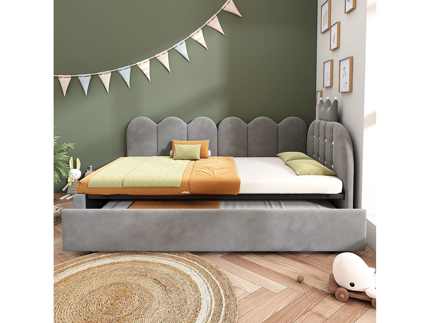 Lit banquette gigogne pour enfant - 90 x 200 cm + 90 x 190 cm - forme en L - tête de lit - velours - gris