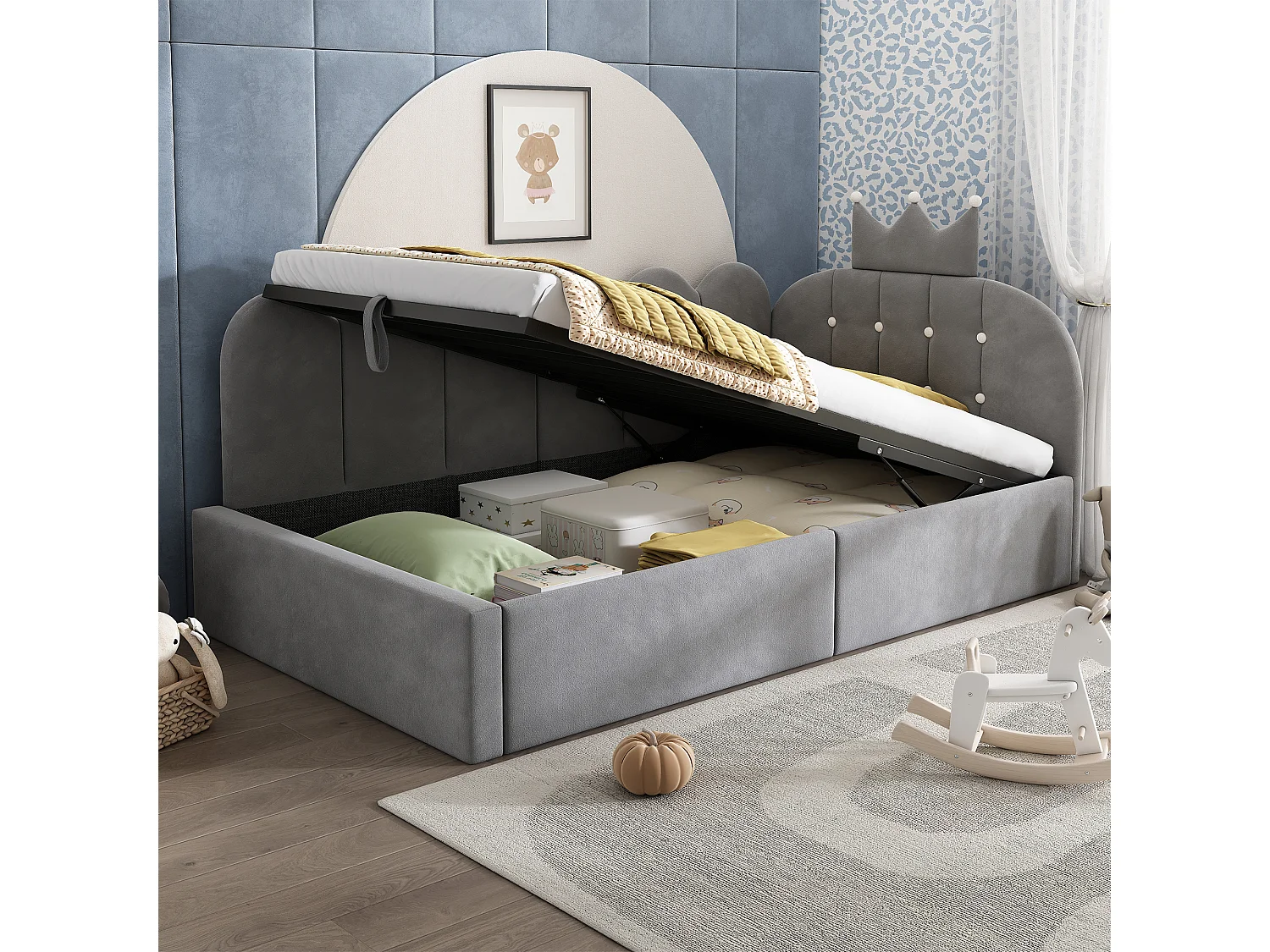 Lit banquette coffre pour enfant - 90 x 190 cm - avec tête de lit + rangement hydraulique - velours - gris