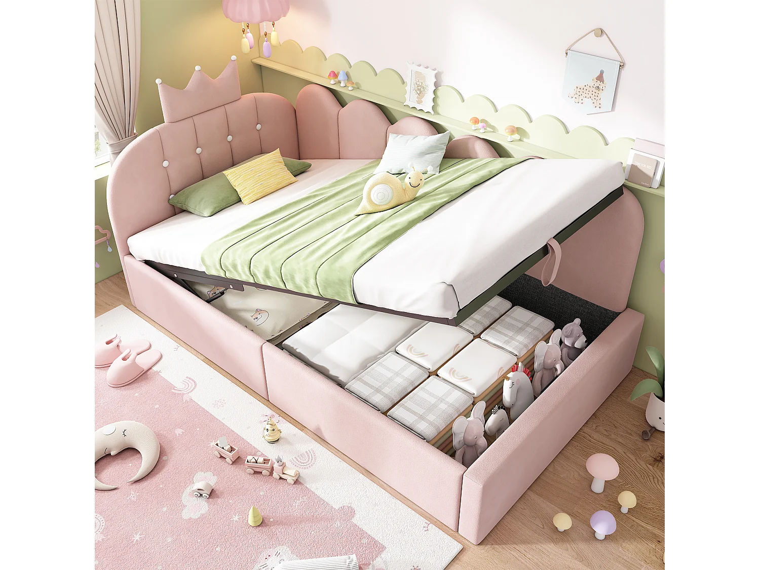 Lit banquette coffre pour enfant - 90 x 190 cm - avec tête de lit + rangement hydraulique - velours - rose