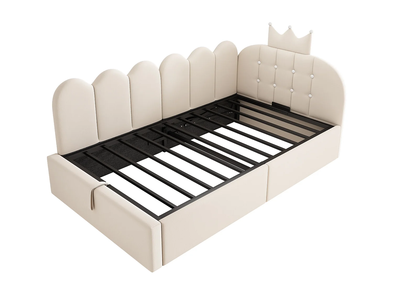 Lit banquette coffre pour enfant - 90 x 200 cm - avec tête de lit + rangement hydraulique - velours - beige