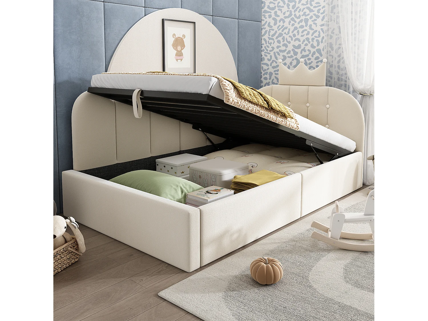 Lit banquette coffre pour enfant - 90 x 200 cm - avec tête de lit + rangement hydraulique - velours - beige