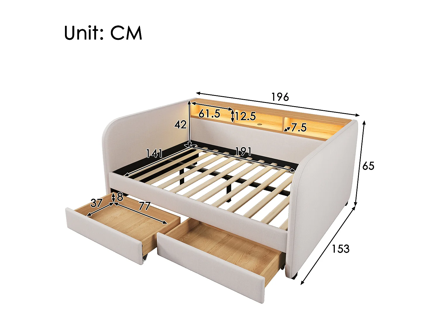 Lit banquette capitonné - 140 x 190 cm - avec Leds + USB-C + 2 tiroirs + tête de lit de rangement - lin - beige