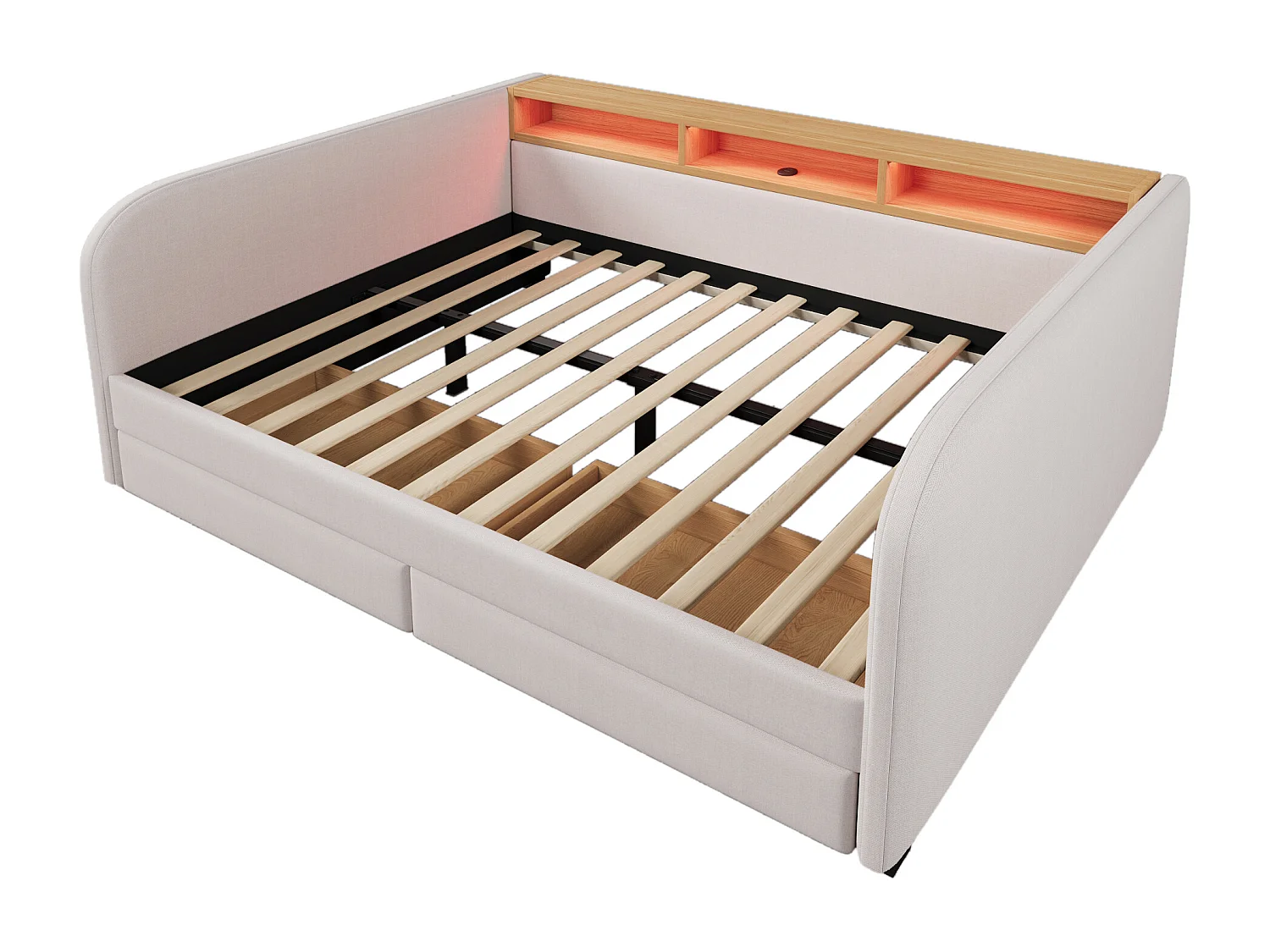 Lit banquette capitonné - 140 x 190 cm - avec Leds + USB-C + 2 tiroirs + tête de lit de rangement - lin - beige