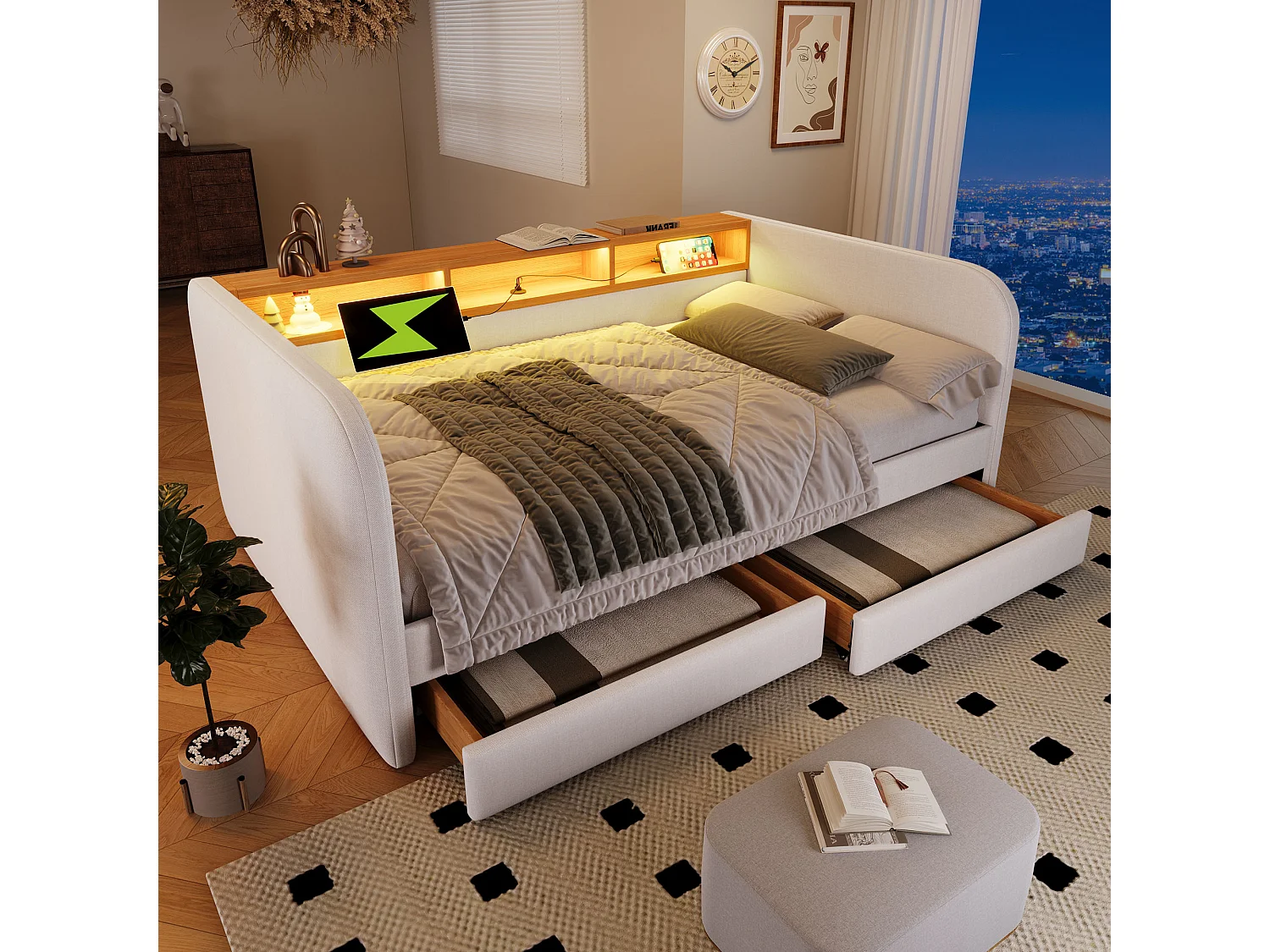 Lit banquette capitonné - 140 x 190 cm - avec Leds + USB-C + 2 tiroirs + tête de lit de rangement - lin - beige