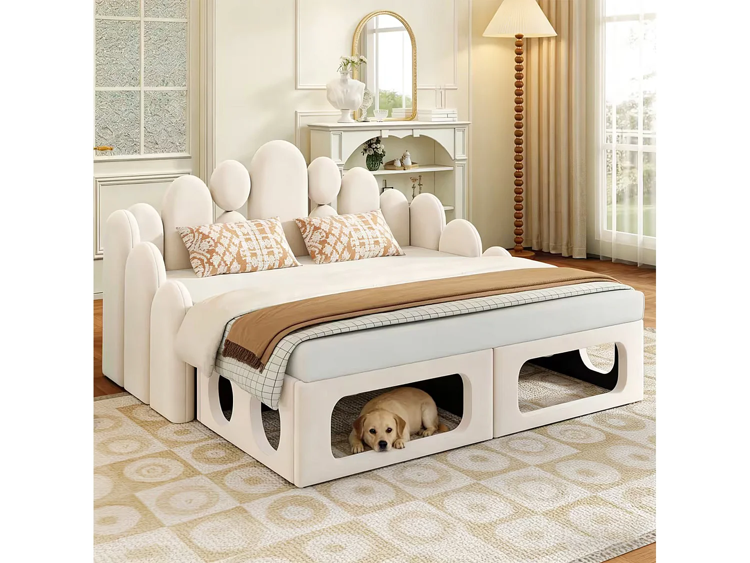 Lit banquette rembourré 2 en 1 - 180 x 200 cm - avec espace pour animaux + dossier - velours - beige