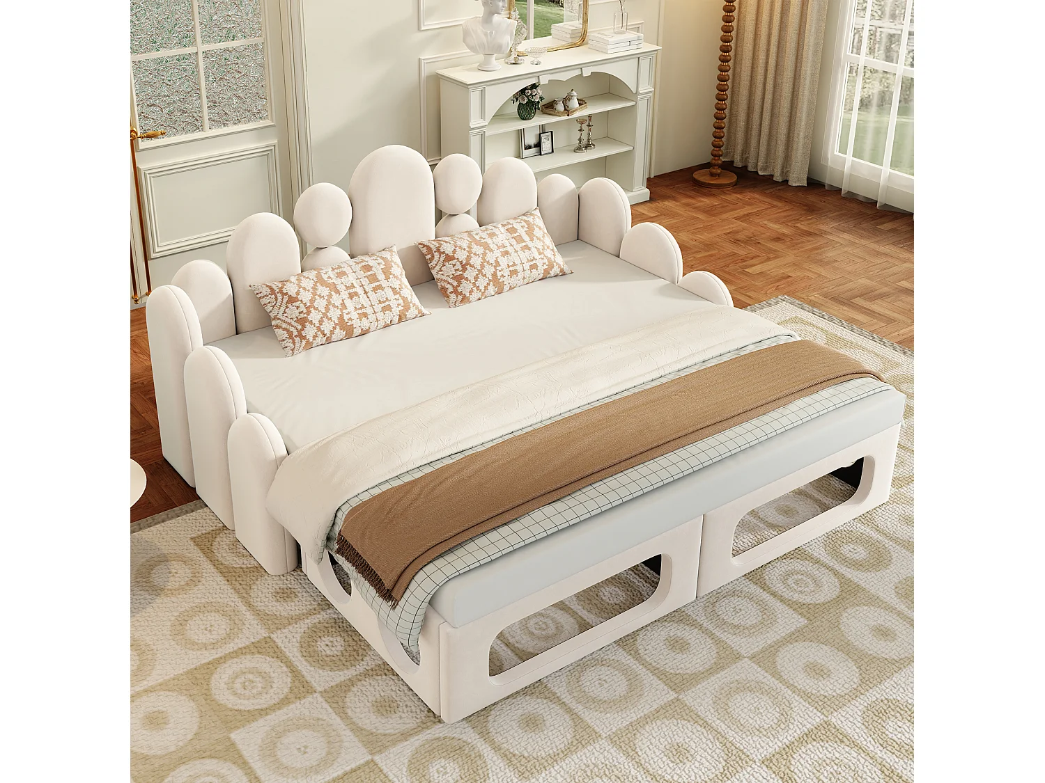 Lit banquette rembourré 2 en 1 - 180 x 200 cm - avec espace pour animaux + dossier - velours - beige