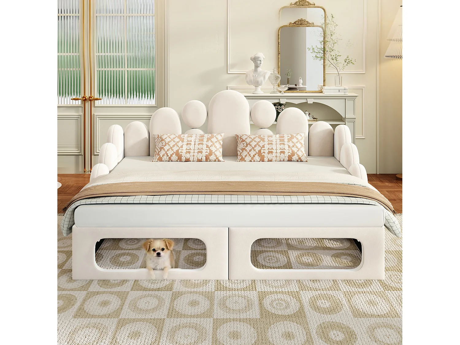 Lit banquette rembourré 2 en 1 - 180 x 200 cm - avec espace pour animaux + dossier - velours - beige