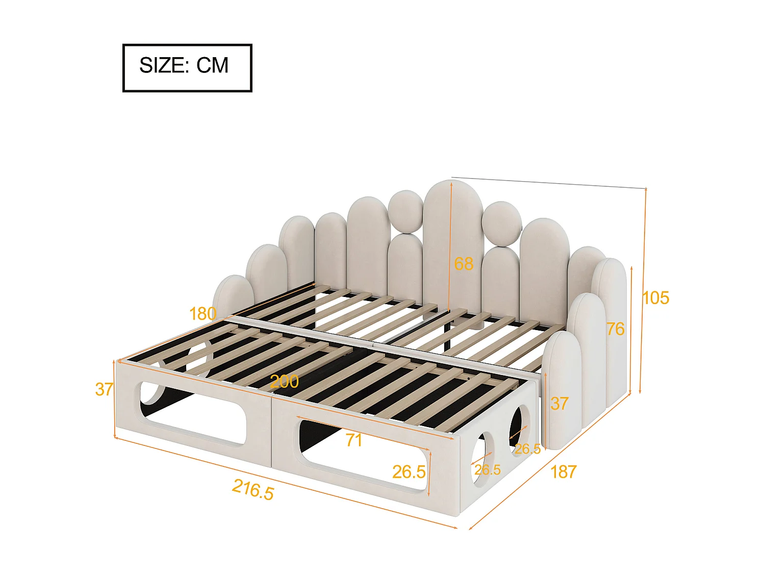 Lit banquette rembourré 2 en 1 - 180 x 200 cm - avec espace pour animaux + dossier - velours - beige