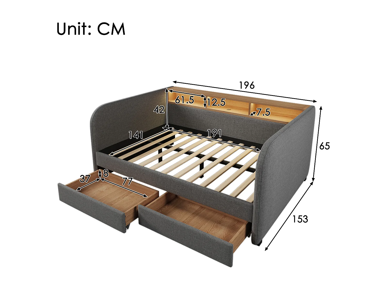 Lit banquette capitonné - 140 x 190 cm - avec Leds + USB-C + 2 tiroirs + tête de lit de rangement - lin - gris