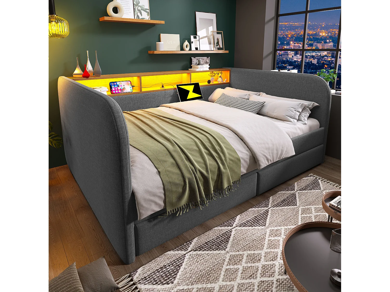 Lit banquette capitonné - 140 x 190 cm - avec Leds + USB-C + 2 tiroirs + tête de lit de rangement - lin - gris
