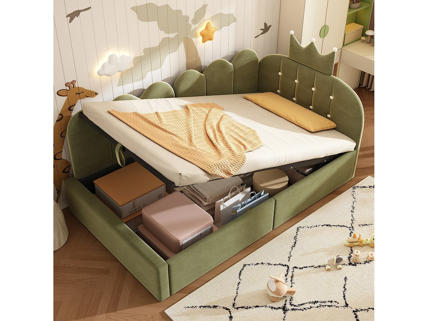 Lit banquette coffre pour enfant - 90 x 190 cm - avec tête de lit + rangement hydraulique - velours - vert