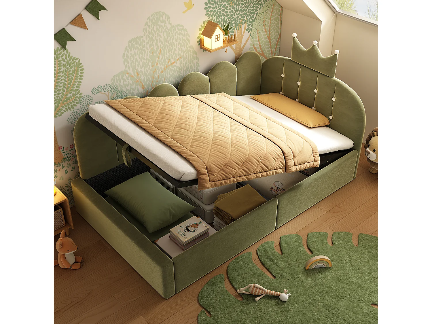Lit banquette coffre pour enfant - 90 x 190 cm - avec tête de lit + rangement hydraulique - velours - vert