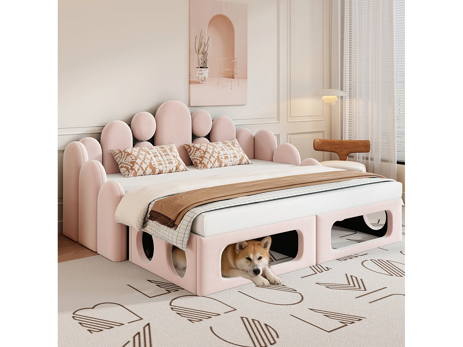Lit banquette rembourré 2 en 1 - 180 x 200 cm - avec espace pour animaux + dossier - velours - rose
