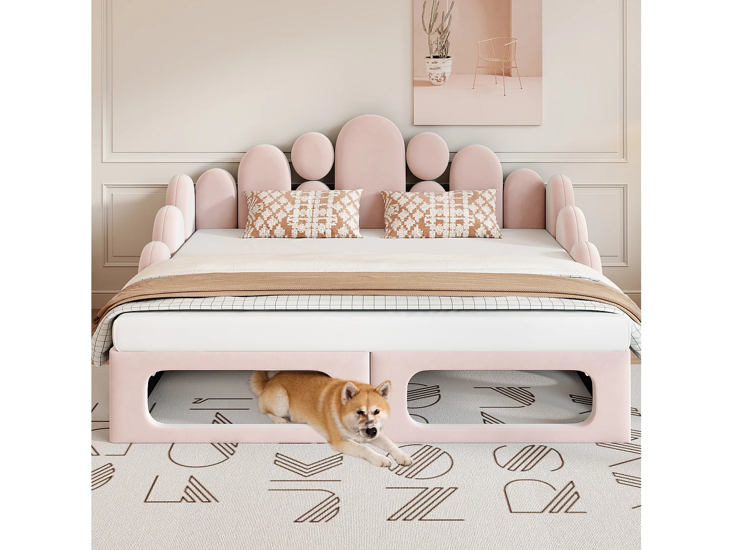 Lit banquette rembourré 2 en 1 - 180 x 200 cm - avec espace pour animaux + dossier - velours - rose