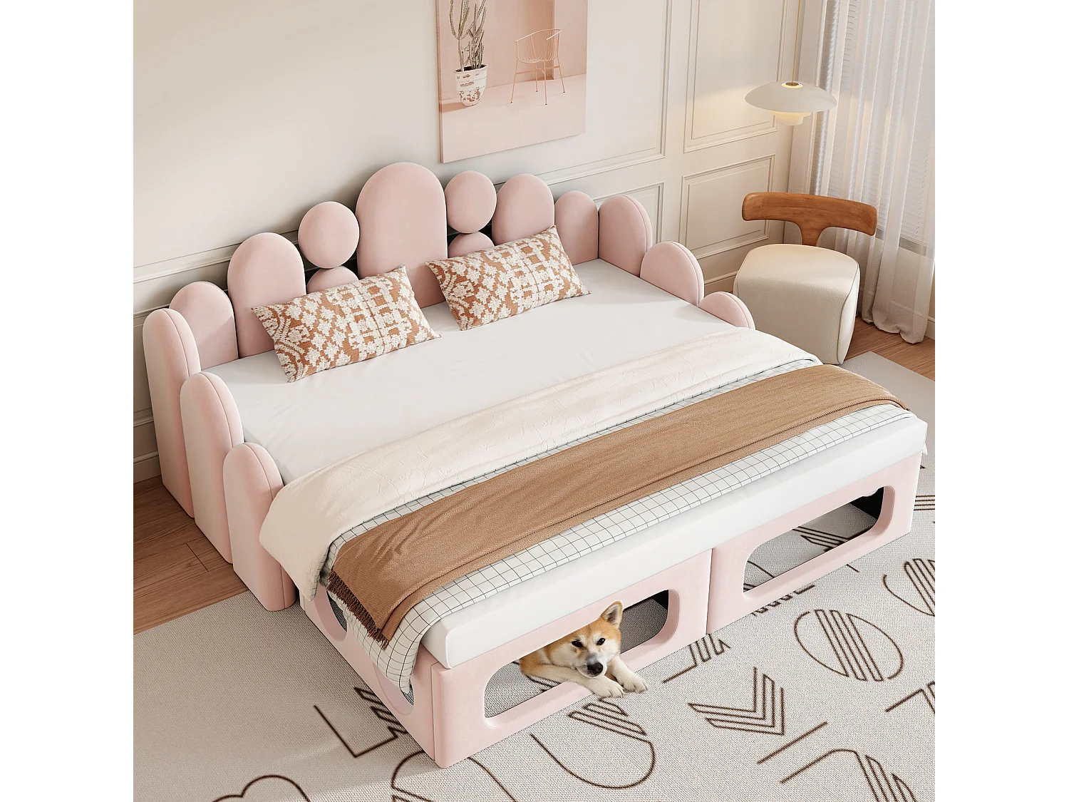 Lit banquette rembourré 2 en 1 - 180 x 200 cm - avec espace pour animaux + dossier - velours - rose
