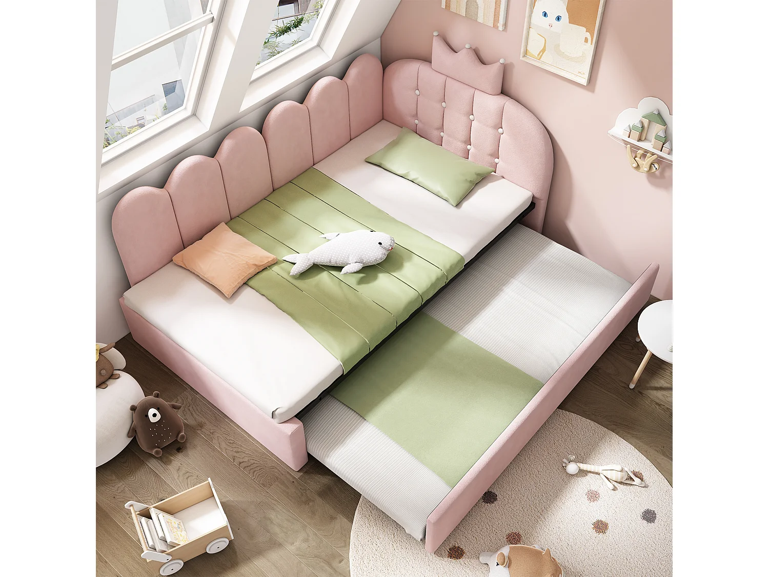 Lit banquette gigogne pour enfant - 90 x 200 cm + 90 x 190 cm - forme en L - tête de lit - velours - rose