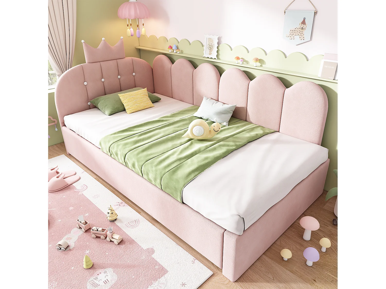 Lit banquette gigogne pour enfant - 90 x 200 cm + 90 x 190 cm - forme en L - tête de lit - velours - rose