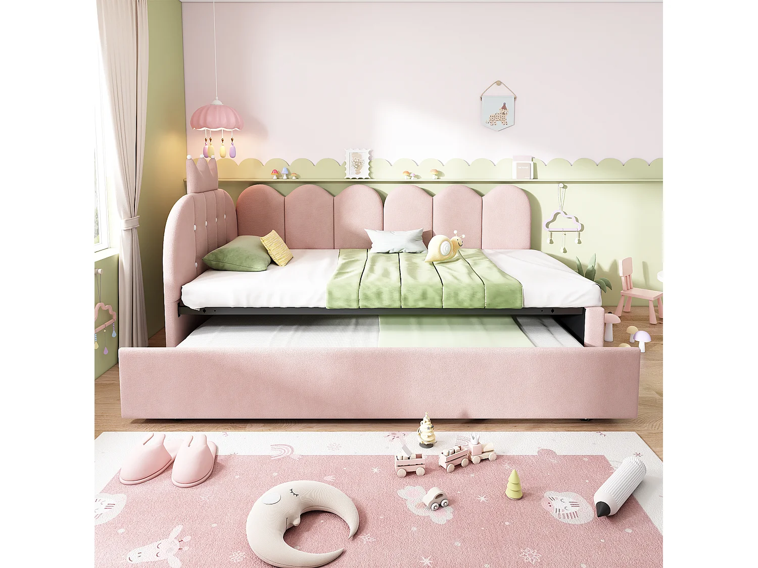 Lit banquette gigogne pour enfant - 90 x 200 cm + 90 x 190 cm - forme en L - tête de lit - velours - rose