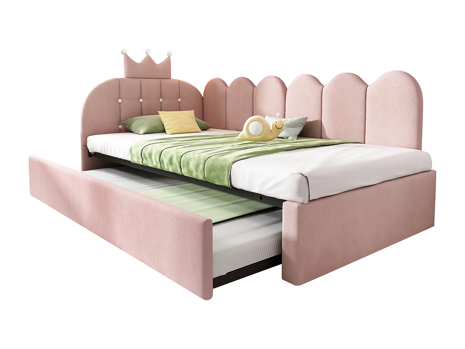 Lit banquette gigogne pour enfant - 90 x 200 cm + 90 x 190 cm - forme en L - tête de lit - velours - rose