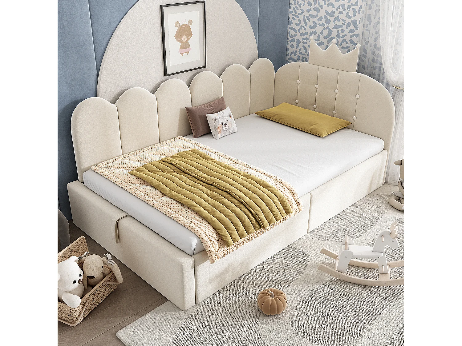 Lit banquette coffre pour enfant - 90 x 190 cm - avec tête de lit + rangement hydraulique - velours - beige