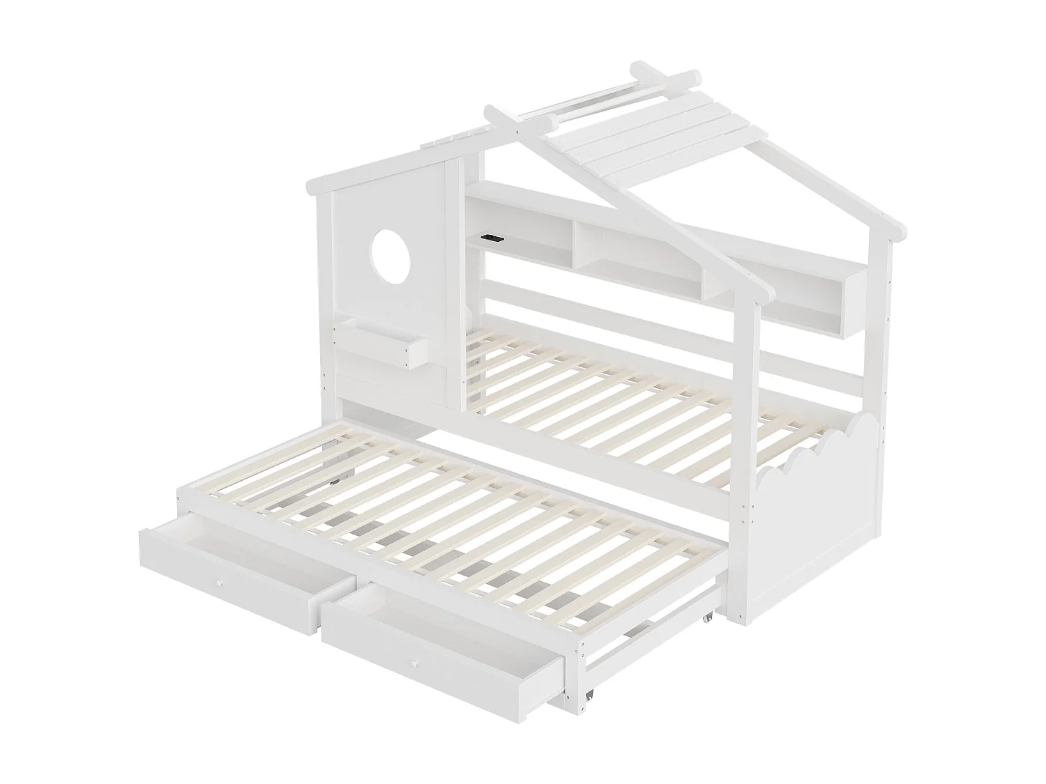 Kinderbed in kajuitvorm - 90 x 200 cm - met uitschuifbed 90 x 190 cm - met 2 lades + USB en Type-C + LED's + planken - hout - wit