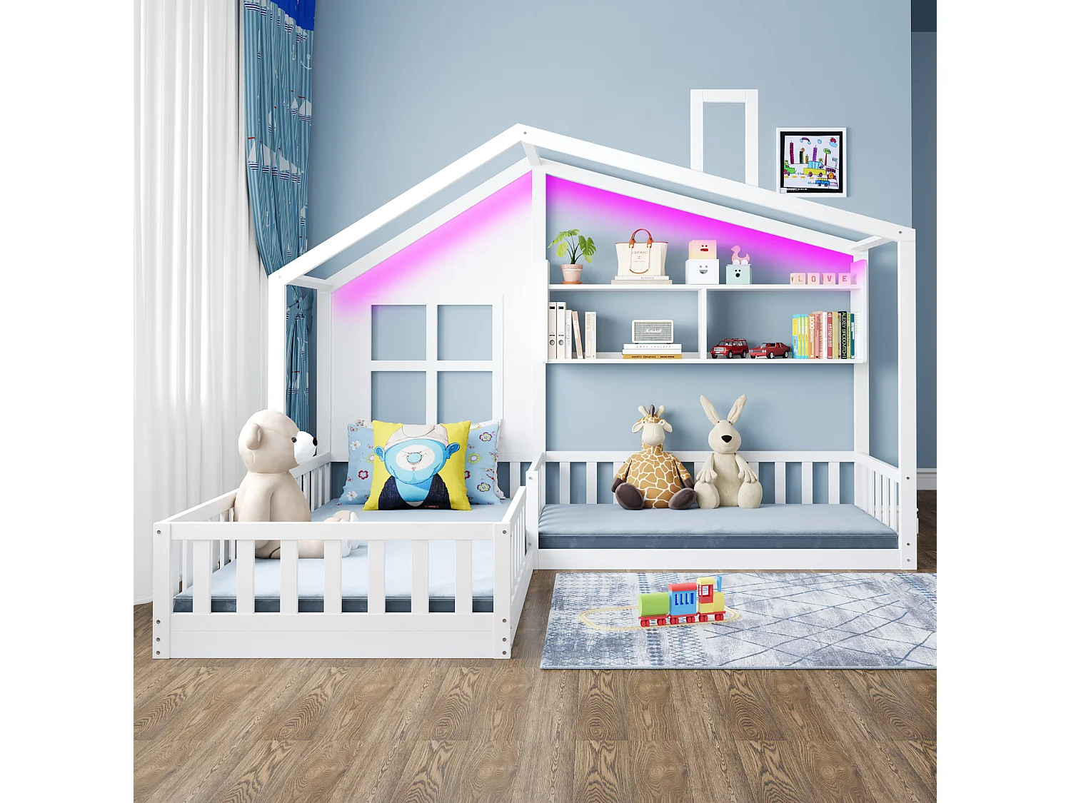 Letto a castello per bambini - 90 x 200 cm + 140 x 70 cm - con mensole - MDF + pino - Rete a doghe inclusa - bianco