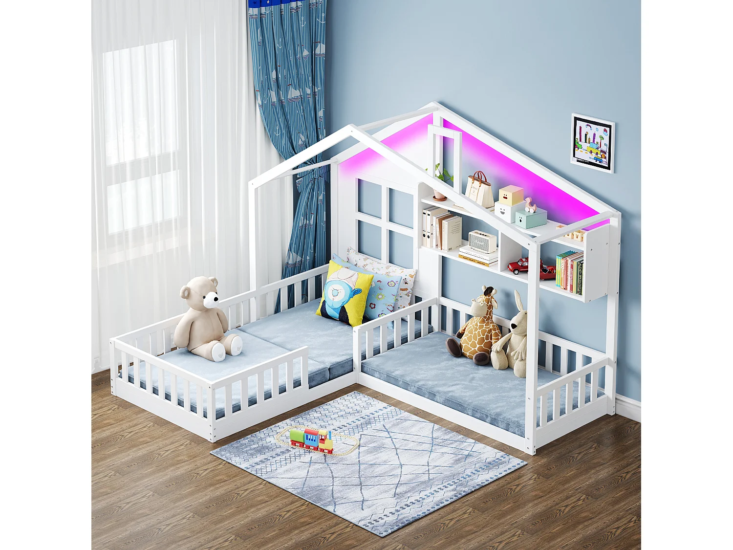 Letto a castello per bambini - 90 x 200 cm + 140 x 70 cm - con mensole - MDF + pino - Rete a doghe inclusa - bianco