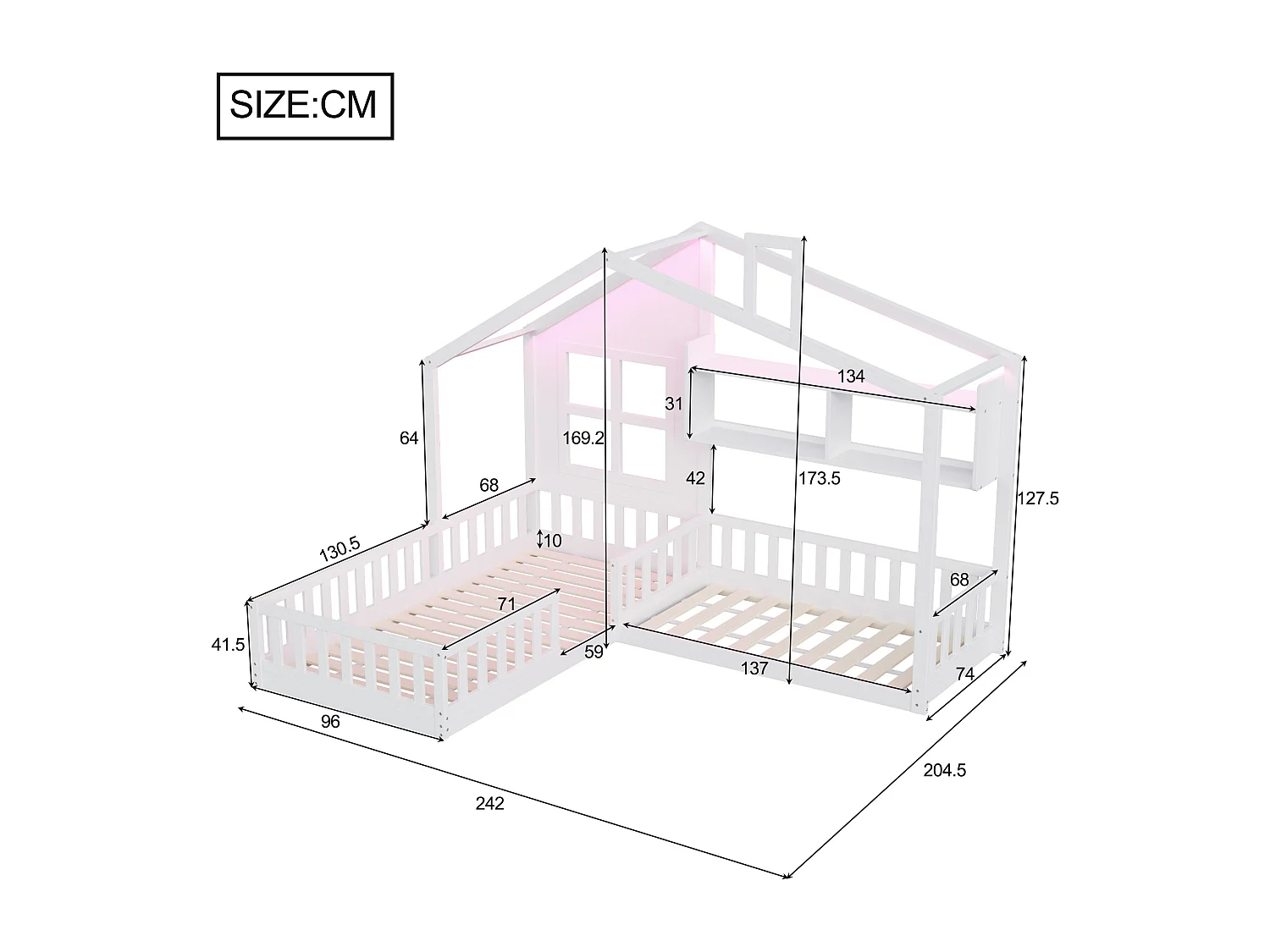 Letto a castello per bambini - 90 x 200 cm + 140 x 70 cm - con mensole - MDF + pino - Rete a doghe inclusa - bianco