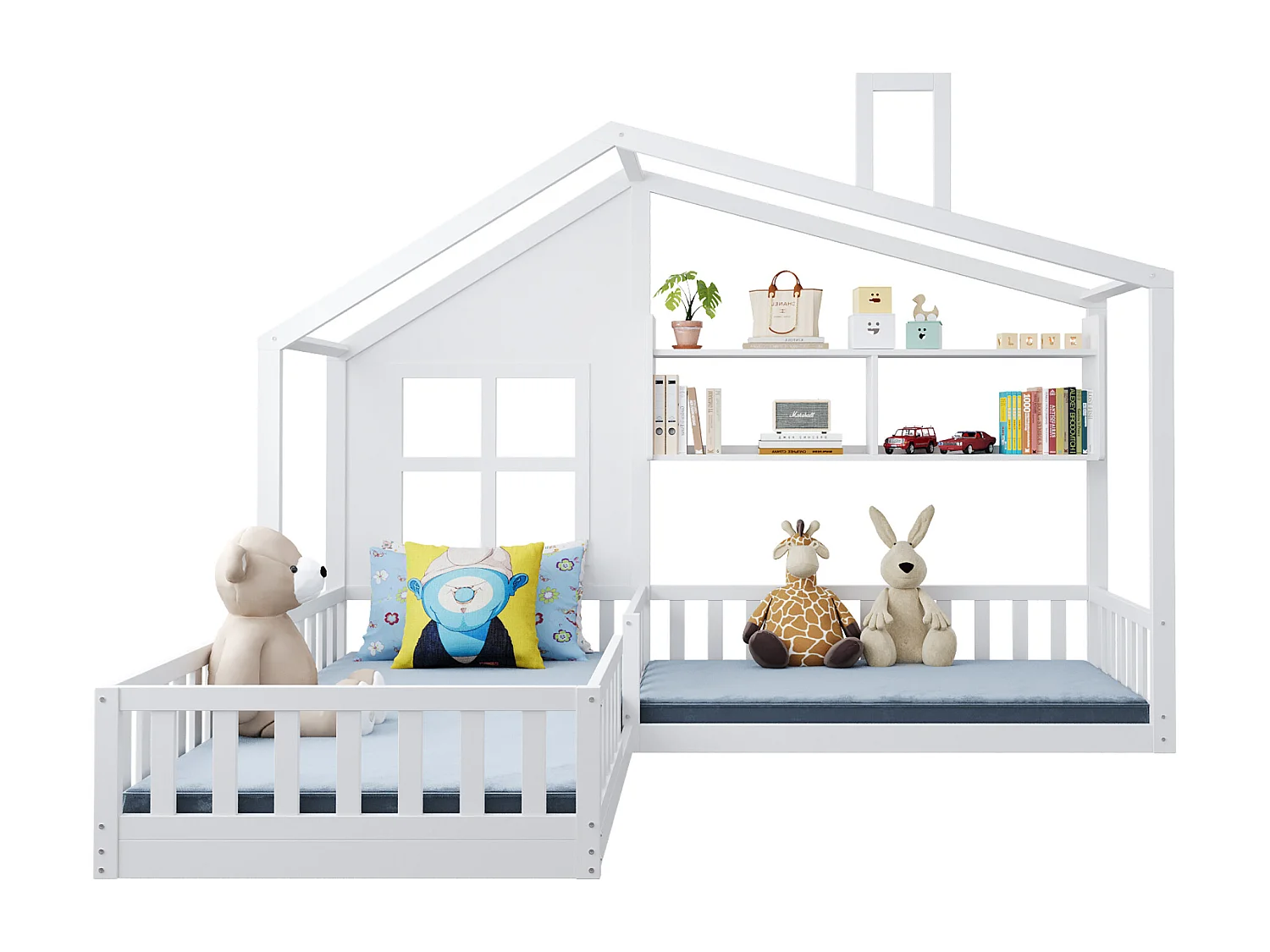 Letto a castello per bambini - 90 x 200 cm + 140 x 70 cm - con mensole - MDF + pino - Rete a doghe inclusa - bianco