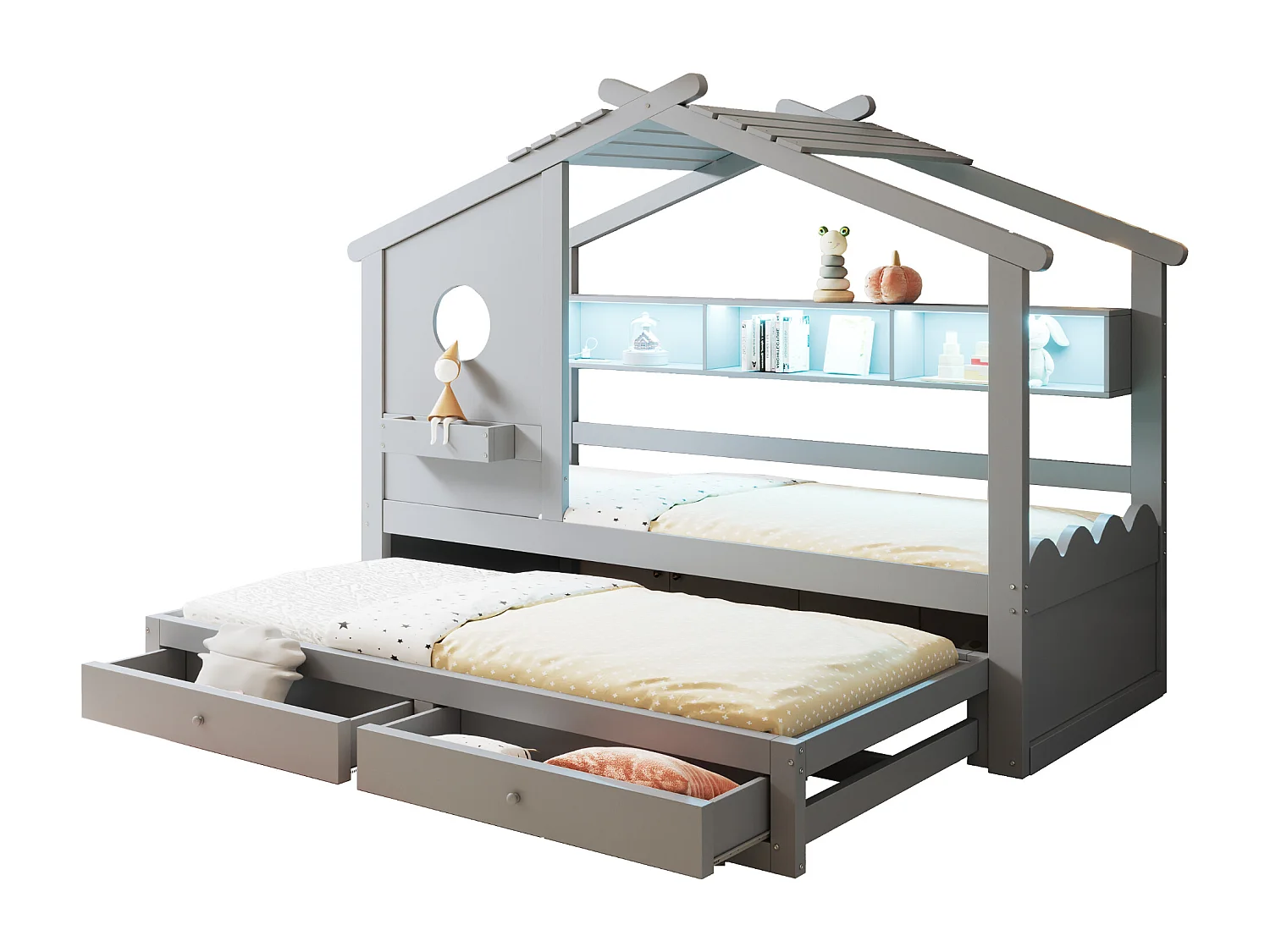 Kinderkajuitbed - 90 x 200 cm - met uitschuifbed 90 x 190 cm - met 2 lades + USB en Type-C + LED's + planken - hout - grijs