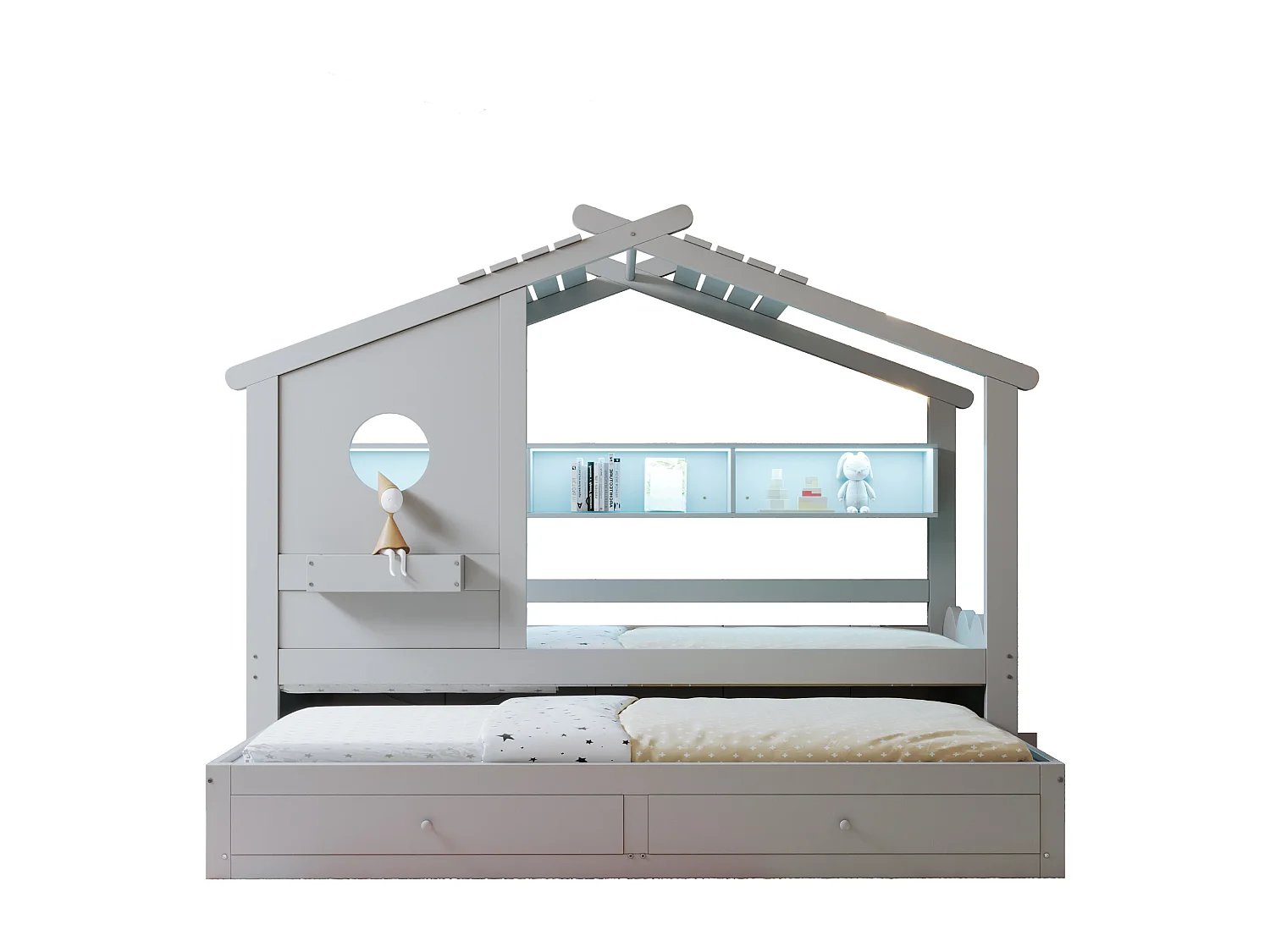 Kinderkajuitbed - 90 x 200 cm - met uitschuifbed 90 x 190 cm - met 2 lades + USB en Type-C + LED's + planken - hout - grijs