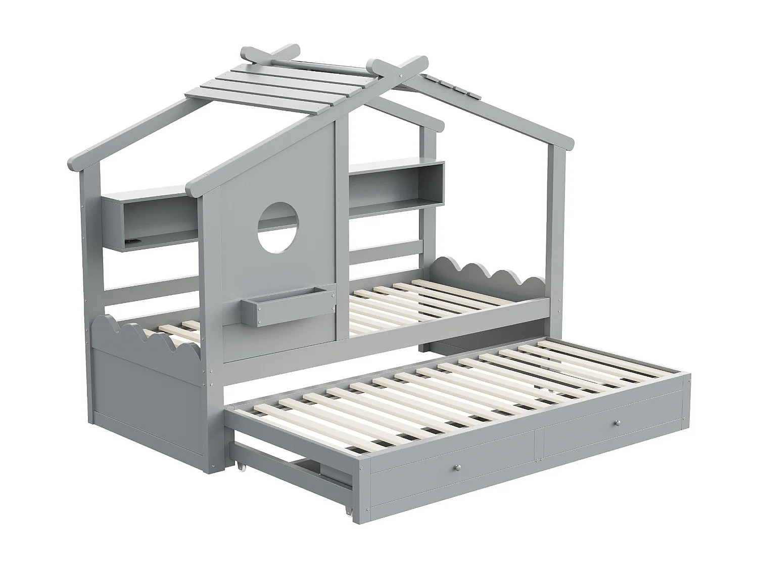 Kinderkajuitbed - 90 x 200 cm - met uitschuifbed 90 x 190 cm - met 2 lades + USB en Type-C + LED's + planken - hout - grijs