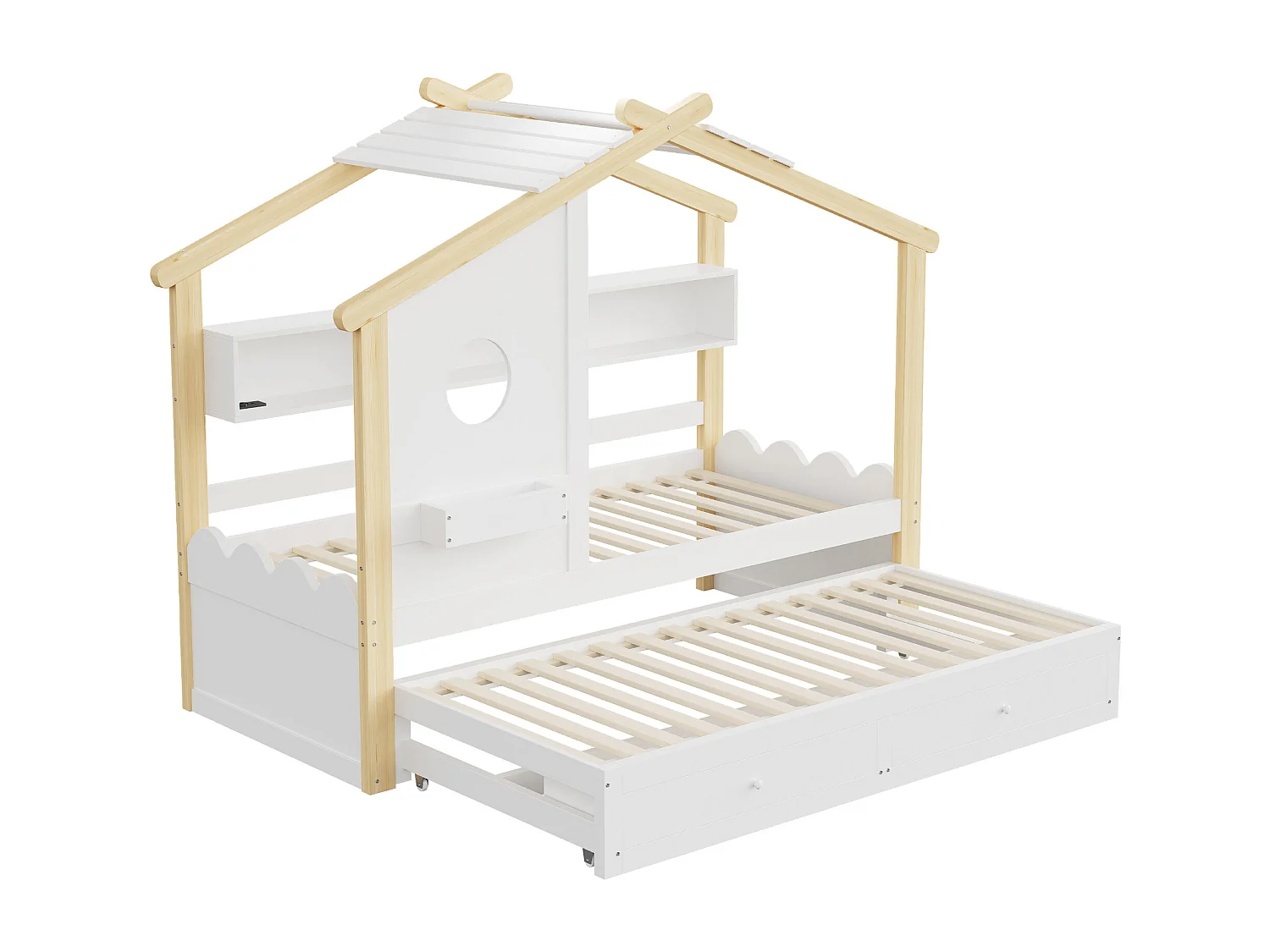 Kinderbed in kajuitvorm - 90 x 200 cm - met uitschuifbed 90 x 190 cm - met 2 lades + USB- en Type-C-poorten + LED-verlichting + planken - hout - naturel