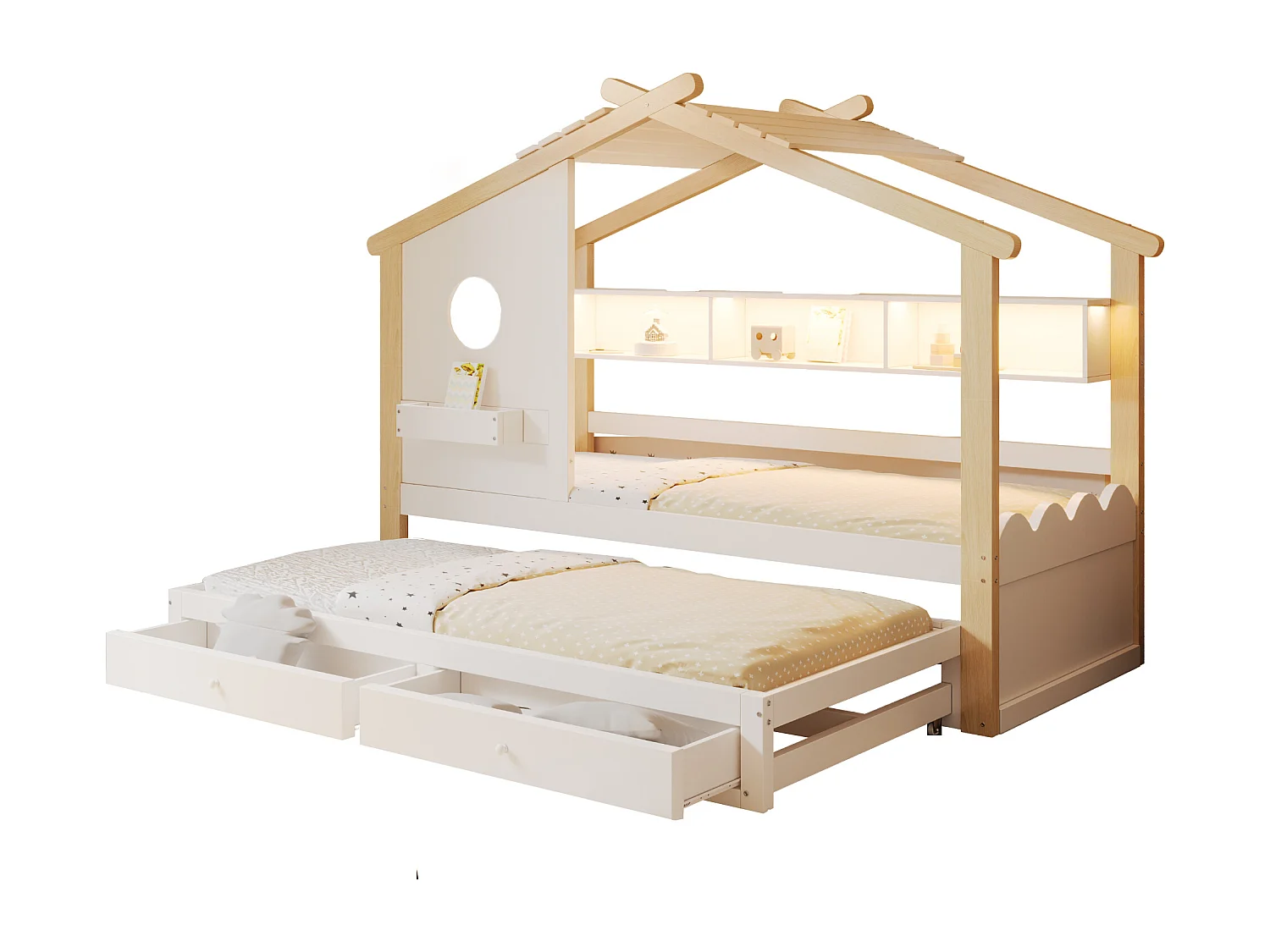 Kinderbed in kajuitvorm - 90 x 200 cm - met uitschuifbed 90 x 190 cm - met 2 lades + USB- en Type-C-poorten + LED-verlichting + planken - hout - naturel