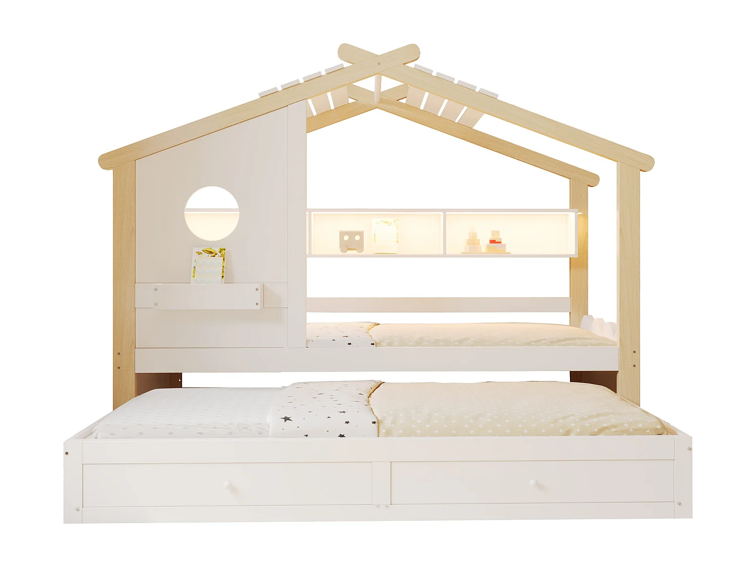 Kinderbed in kajuitvorm - 90 x 200 cm - met uitschuifbed 90 x 190 cm - met 2 lades + USB- en Type-C-poorten + LED-verlichting + planken - hout - naturel
