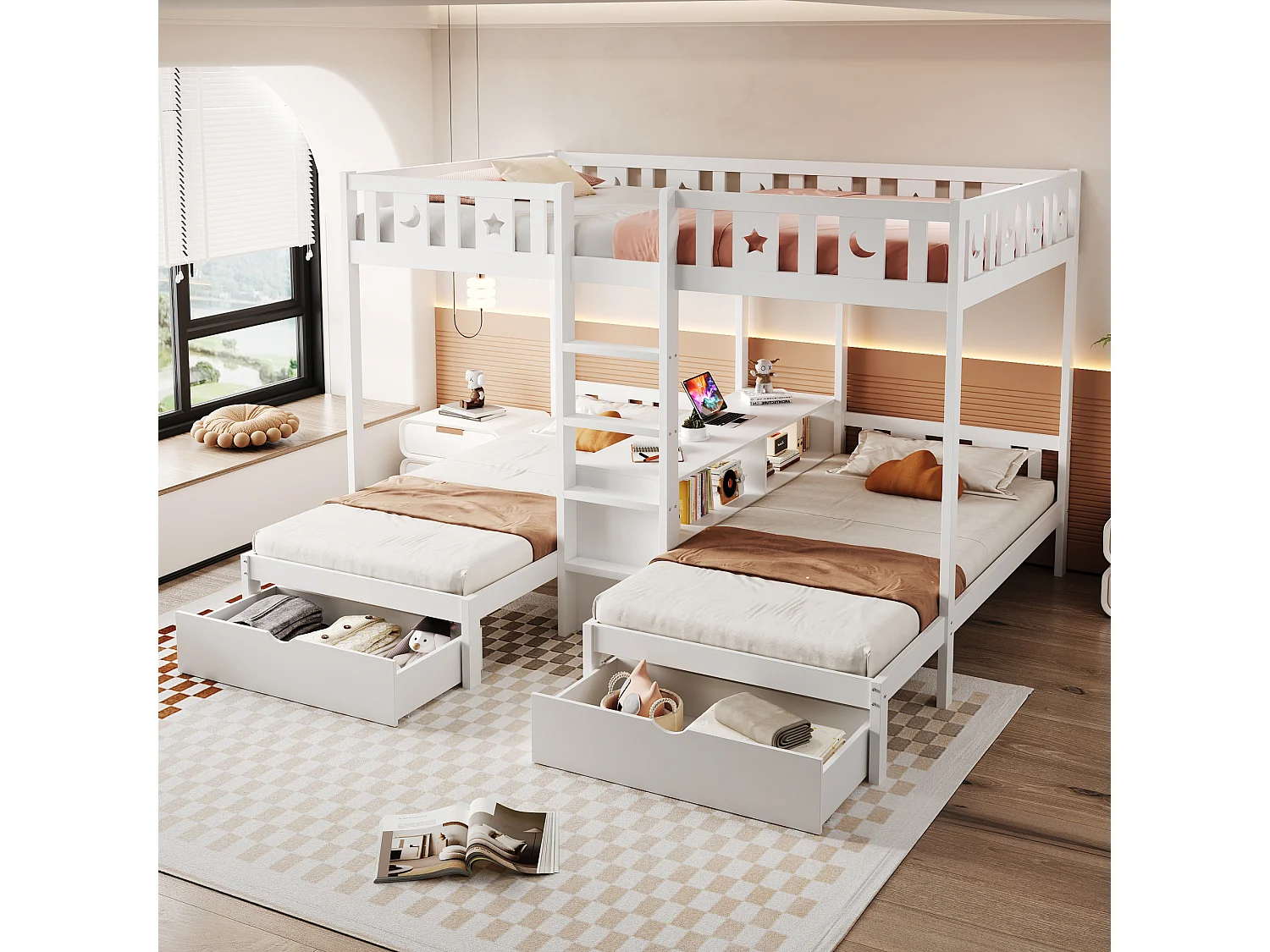 Beliche infantil para 3 pessoas - 140 x 200 cm + 90 x 200 cm - com 2 gavetas + prateleiras de arrumação - madeira - branco