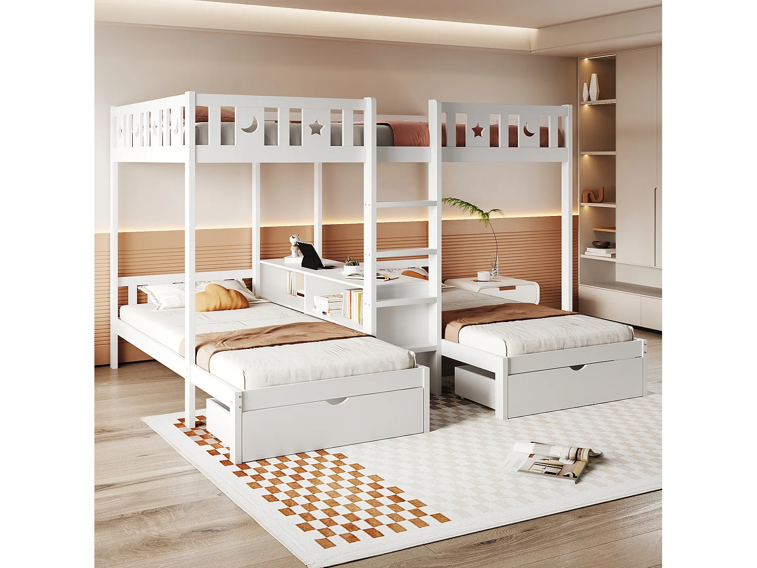 Beliche infantil para 3 pessoas - 140 x 200 cm + 90 x 200 cm - com 2 gavetas + prateleiras de arrumação - madeira - branco