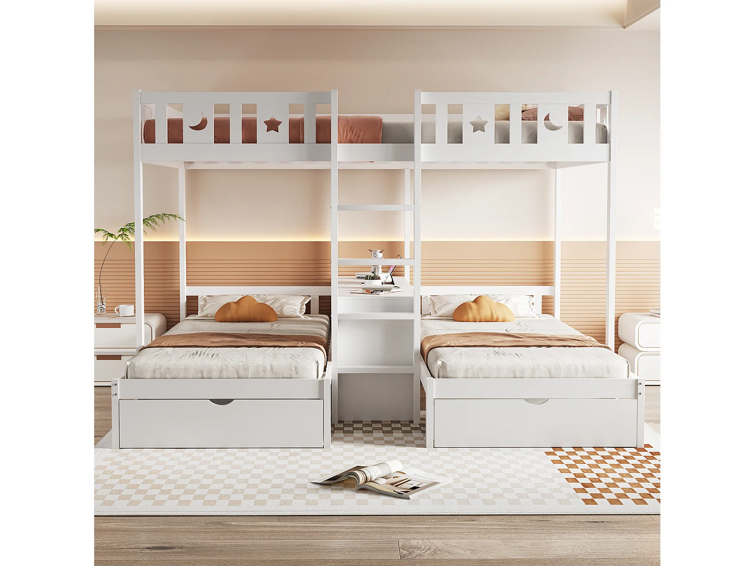 Beliche infantil para 3 pessoas - 140 x 200 cm + 90 x 200 cm - com 2 gavetas + prateleiras de arrumação - madeira - branco