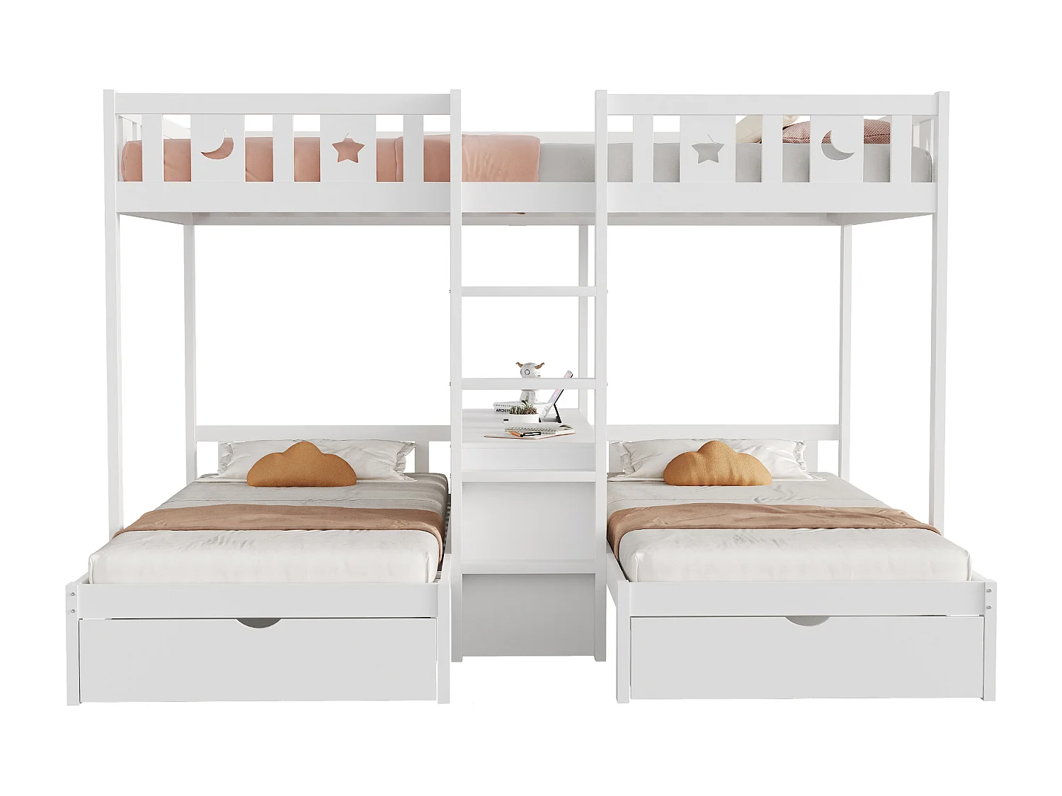 Beliche infantil para 3 pessoas - 140 x 200 cm + 90 x 200 cm - com 2 gavetas + prateleiras de arrumação - madeira - branco