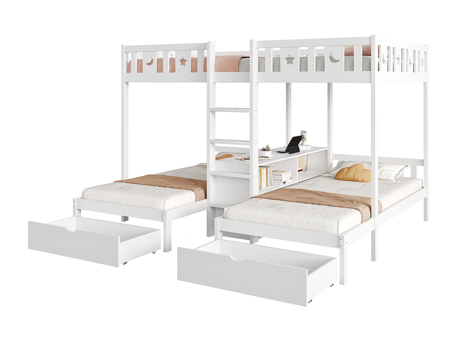 Beliche infantil para 3 pessoas - 140 x 200 cm + 90 x 200 cm - com 2 gavetas + prateleiras de arrumação - madeira - branco