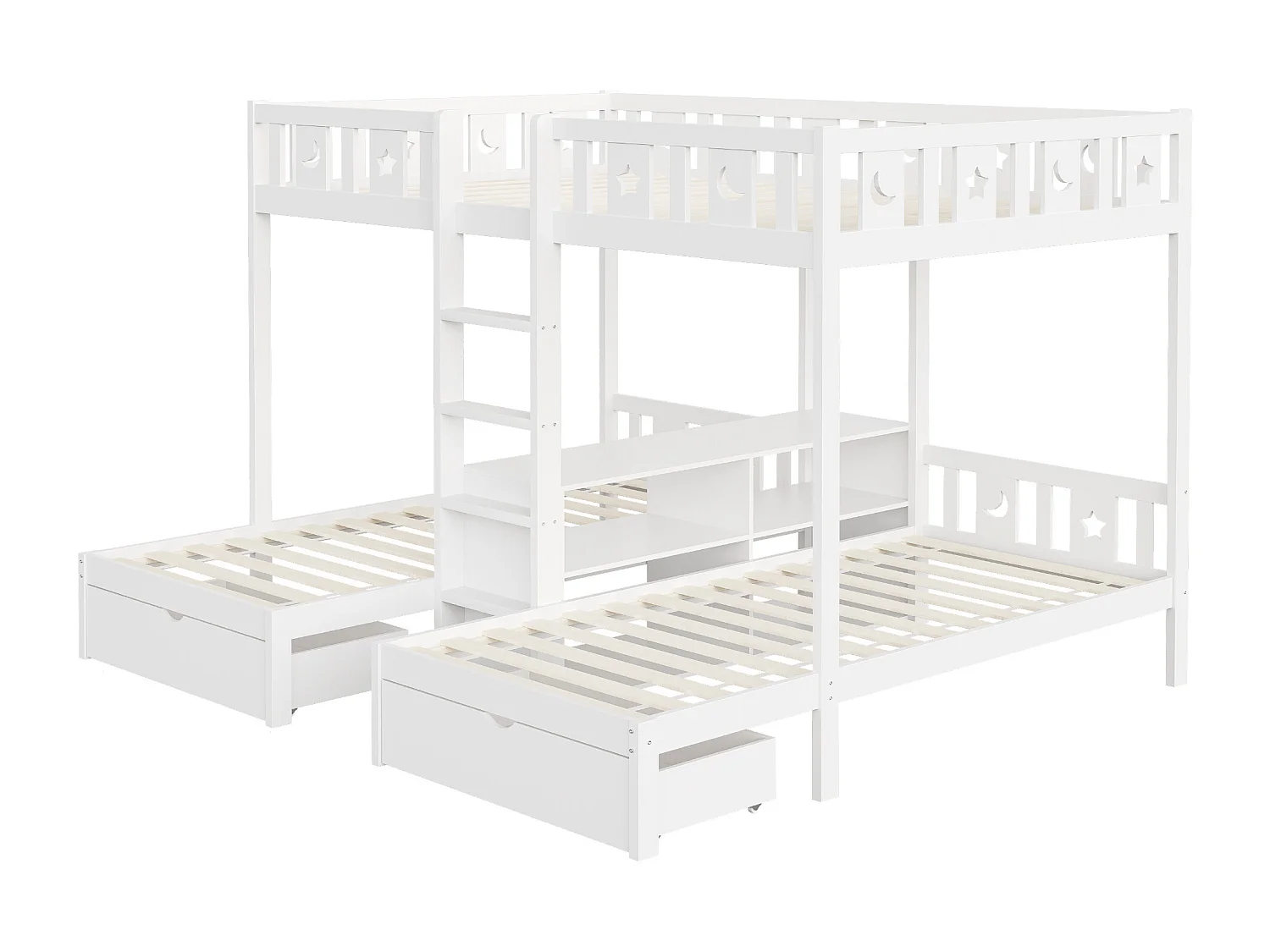 Beliche infantil para 3 pessoas - 140 x 200 cm + 90 x 200 cm - com 2 gavetas + prateleiras de arrumação - madeira - branco