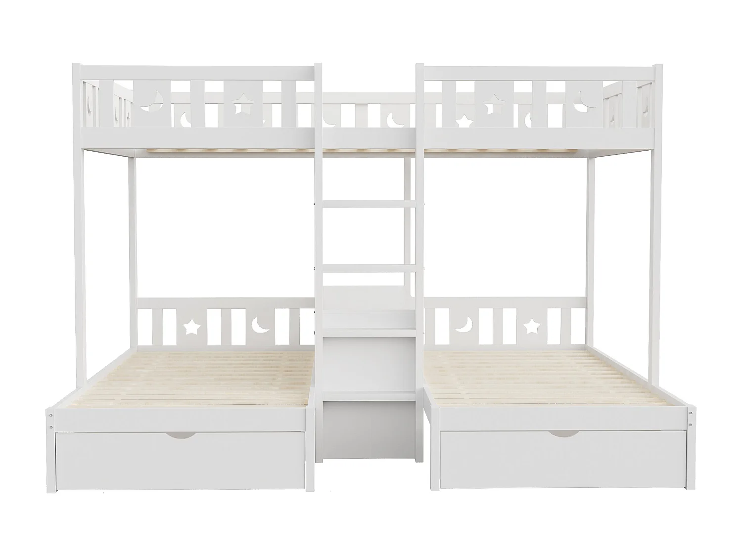 Beliche infantil para 3 pessoas - 140 x 200 cm + 90 x 200 cm - com 2 gavetas + prateleiras de arrumação - madeira - branco