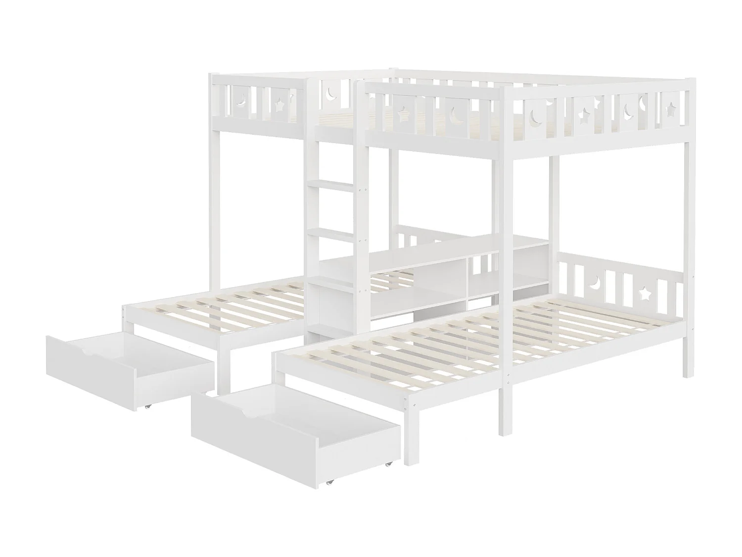 Beliche infantil para 3 pessoas - 140 x 200 cm + 90 x 200 cm - com 2 gavetas + prateleiras de arrumação - madeira - branco