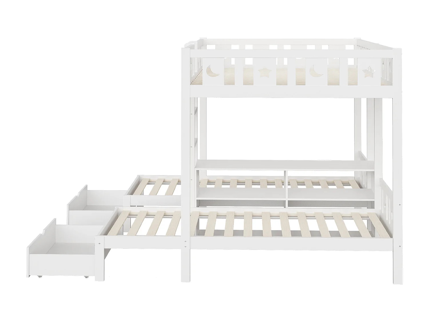 Beliche infantil para 3 pessoas - 140 x 200 cm + 90 x 200 cm - com 2 gavetas + prateleiras de arrumação - madeira - branco