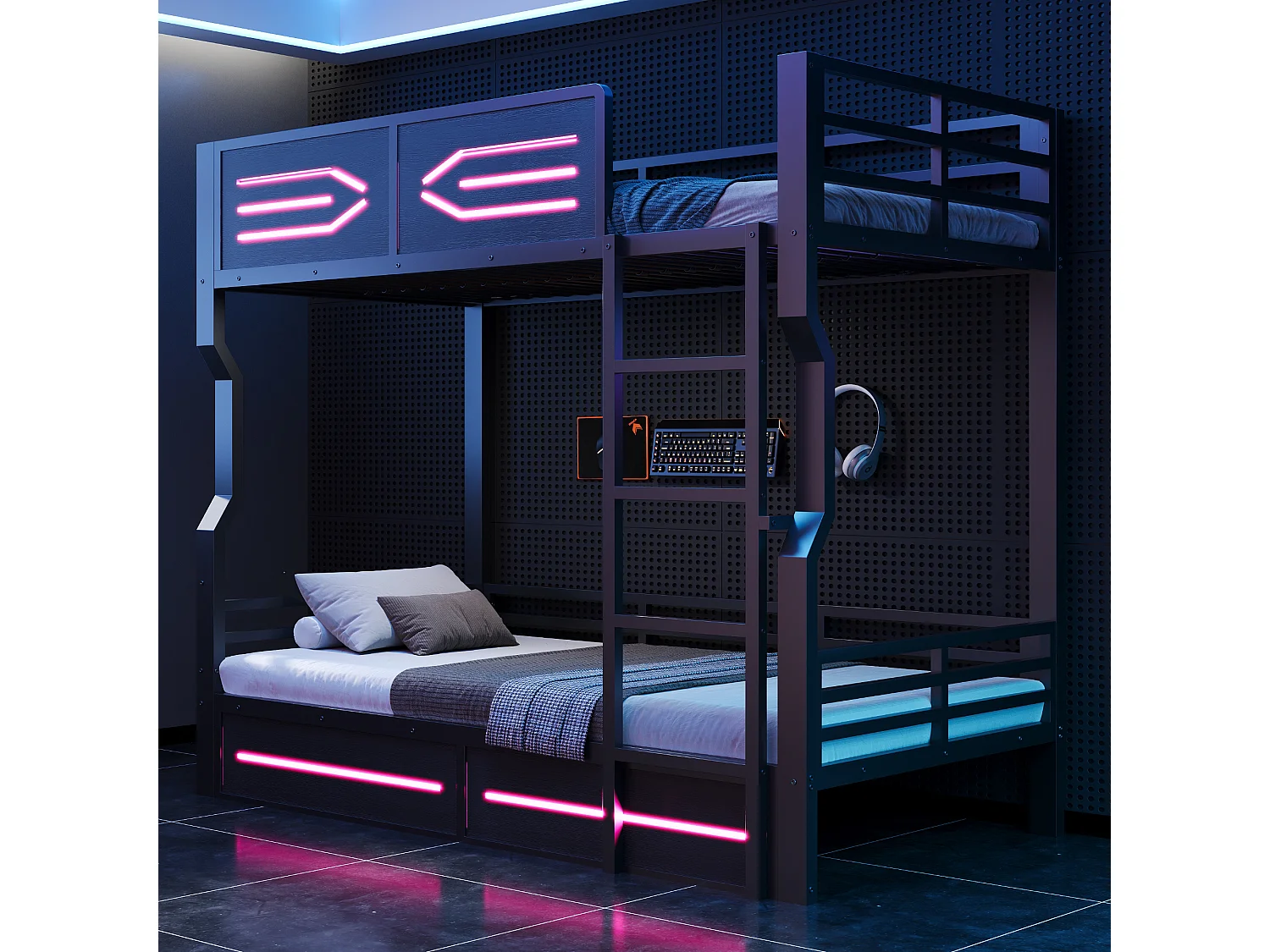 Etagenbett aus Schmiedeeisen für Kinder – 2 x 90 x 200 cm – mit LEDs und Sicherheitsgeländer – MDF und Metall – schwarz