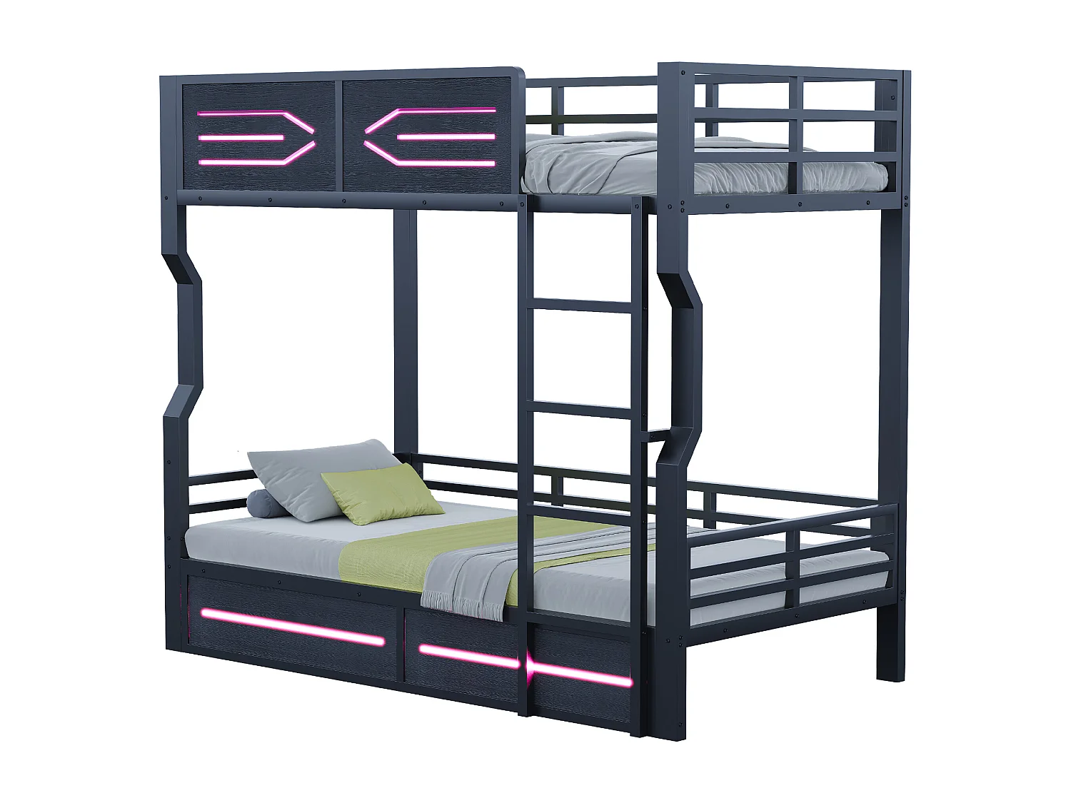 Etagenbett aus Schmiedeeisen für Kinder – 2 x 90 x 200 cm – mit LEDs und Sicherheitsgeländer – MDF und Metall – schwarz